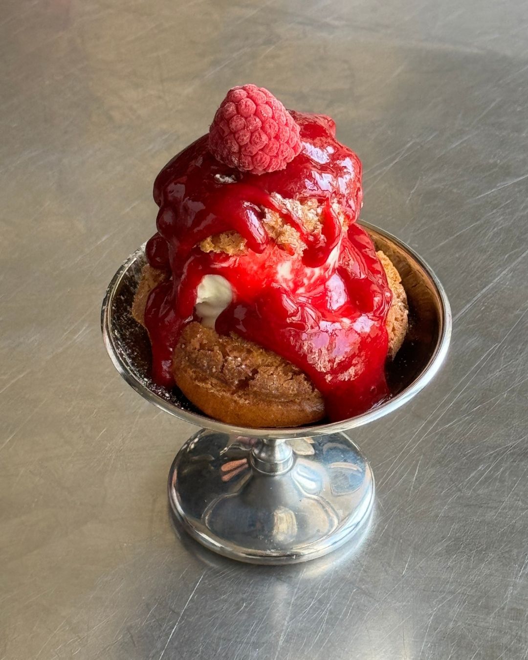 Restaurant Elm Raspberry Profiterolle in classic steel ice cream coupe
